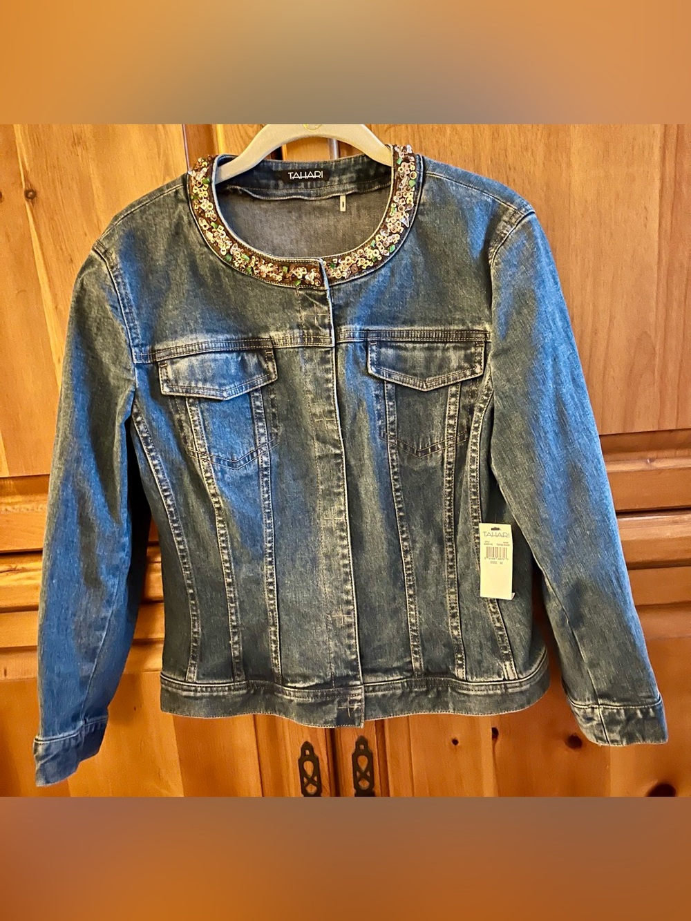 Tahari Embellished Collar Denim Jacket - Blue